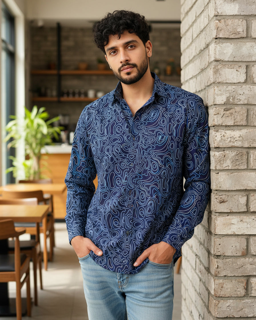 Blue Liquid Maze Cotton Poplin Shirt