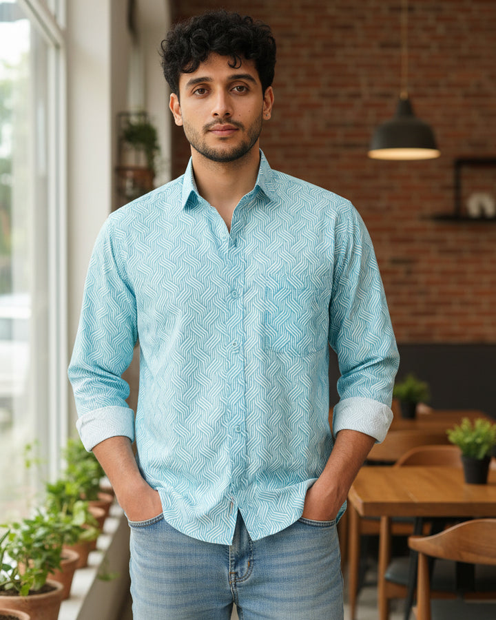Blue Waves Cotton Poplin Shirt
