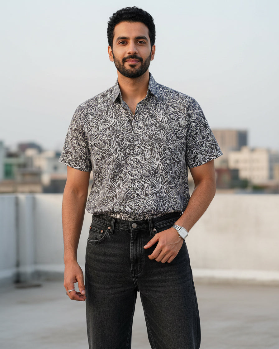 Gray Nature Weave Cotton Poplin Half Sleeve Shirt
