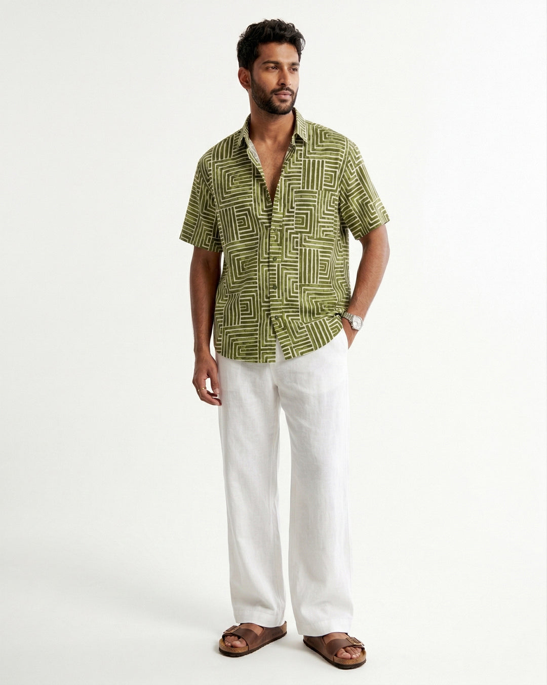 Green Gridlock Cotton Poplin Half Sleeve Shirt