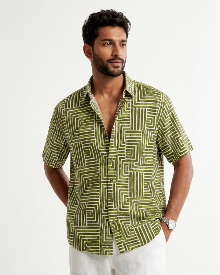 Green Gridlock Cotton Poplin Half Sleeve Shirt
