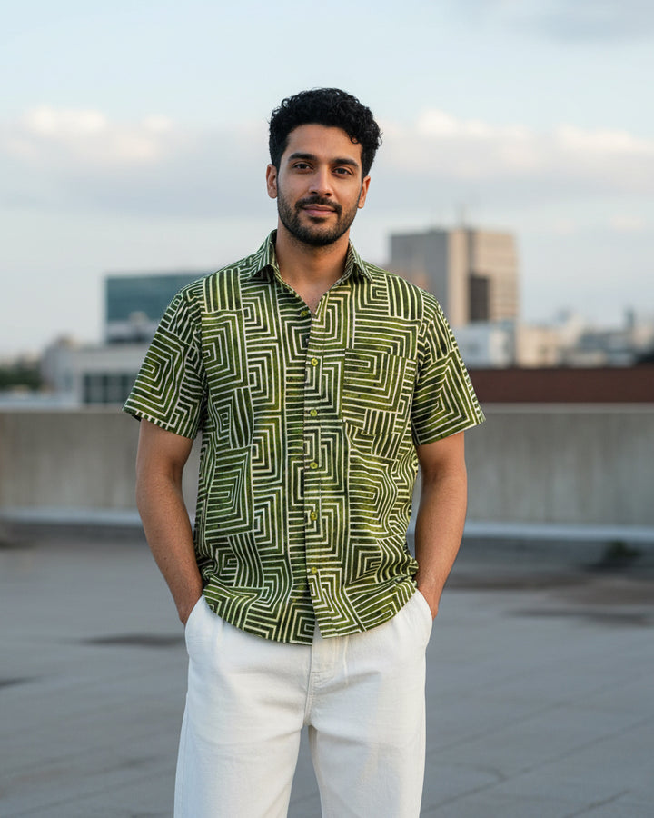 Green Gridlock Cotton Poplin Half Sleeve Shirt