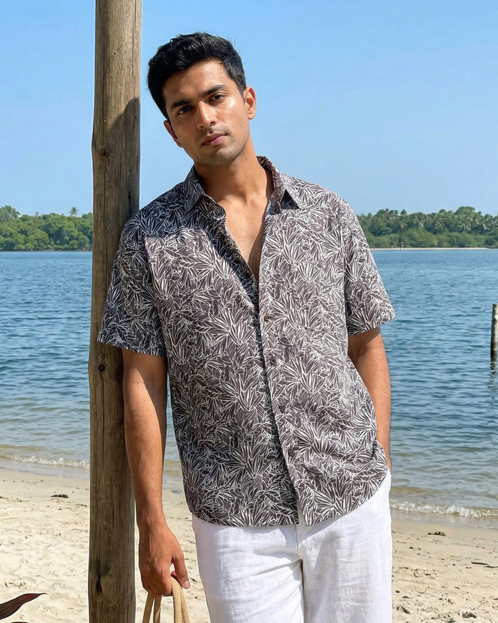 Gray Nature Weave Cotton Poplin Half Sleeve Shirt