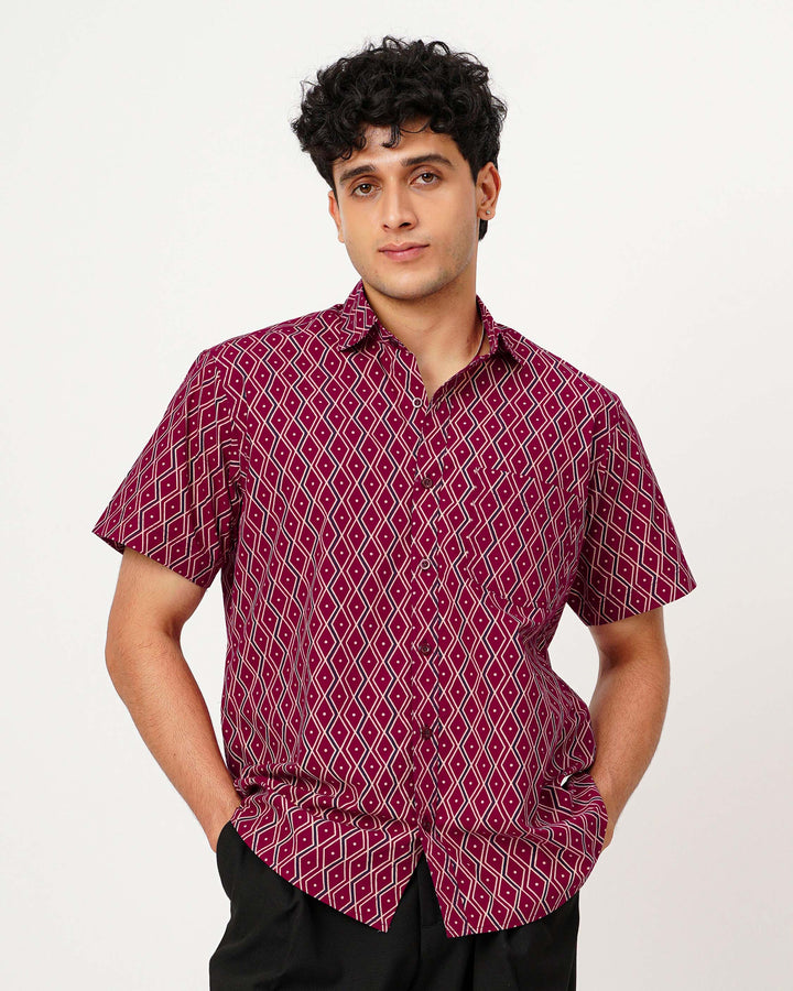 Maroon Linear Framework Cotton Poplin Half Sleeve Shirt