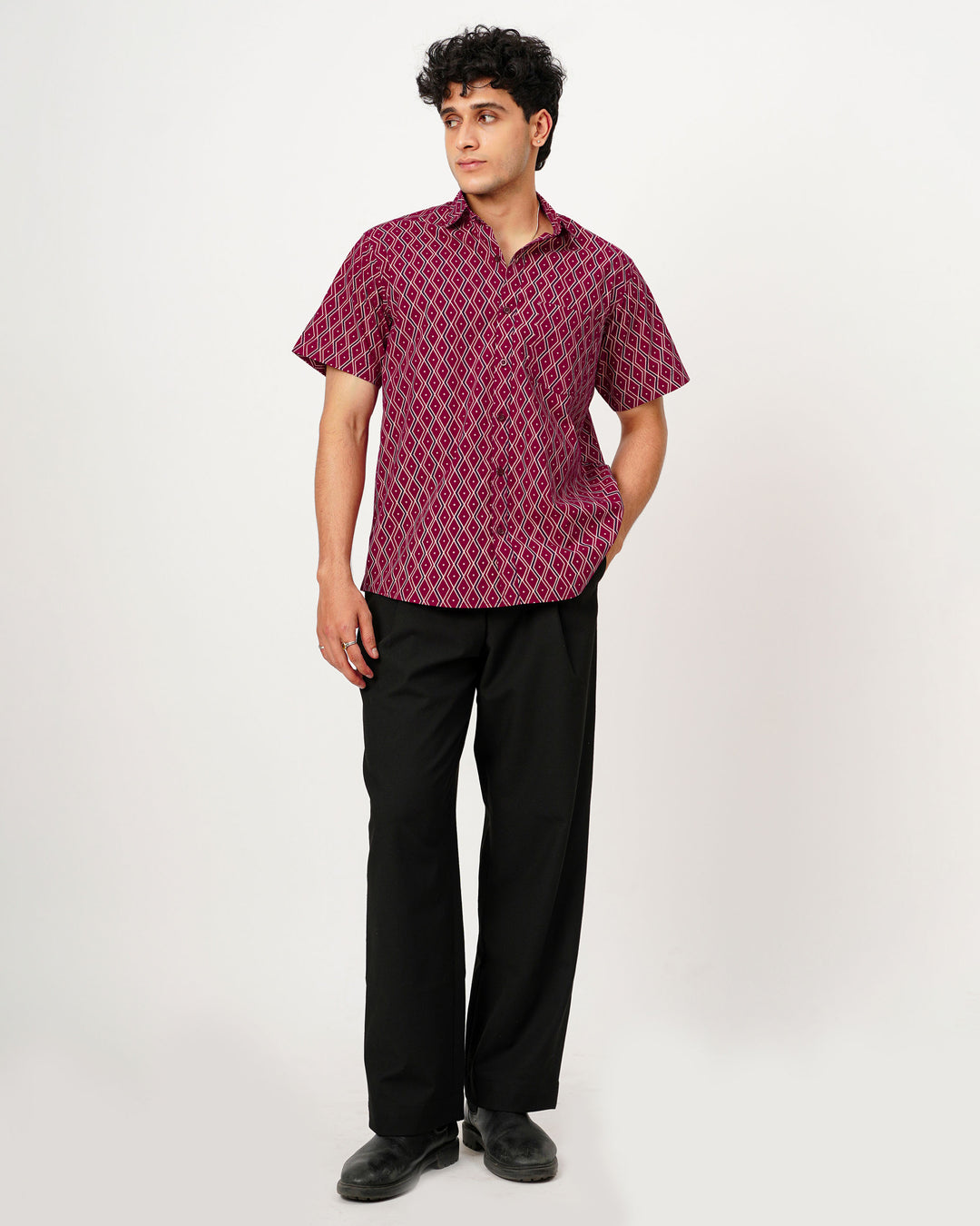 Maroon Linear Framework Cotton Poplin Half Sleeve Shirt