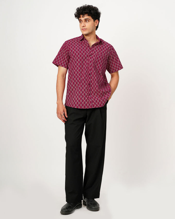 Maroon Linear Framework Cotton Poplin Half Sleeve Shirt
