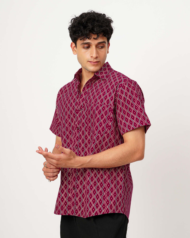 Maroon Linear Framework Cotton Poplin Half Sleeve Shirt