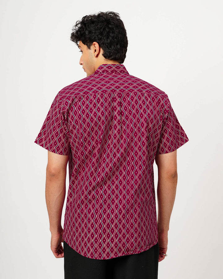 Maroon Linear Framework Cotton Poplin Half Sleeve Shirt