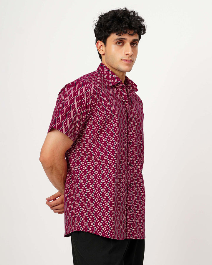 Maroon Linear Framework Cotton Poplin Half Sleeve Shirt