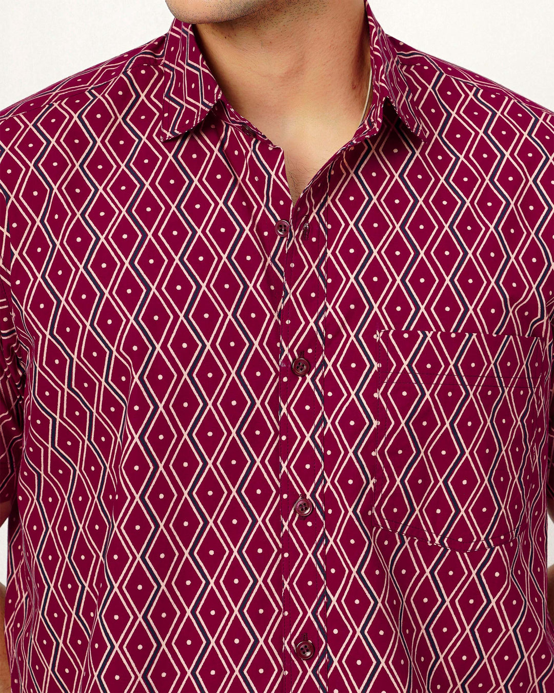 Maroon Linear Framework Cotton Poplin Half Sleeve Shirt