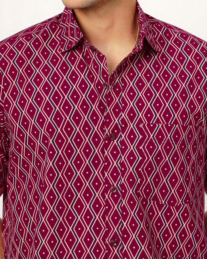 Maroon Linear Framework Cotton Poplin Half Sleeve Shirt