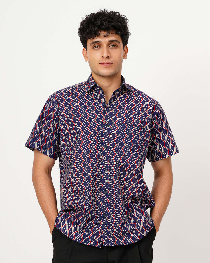 Navy Blue Linear Framework Cotton Poplin Half Sleeve Shirt