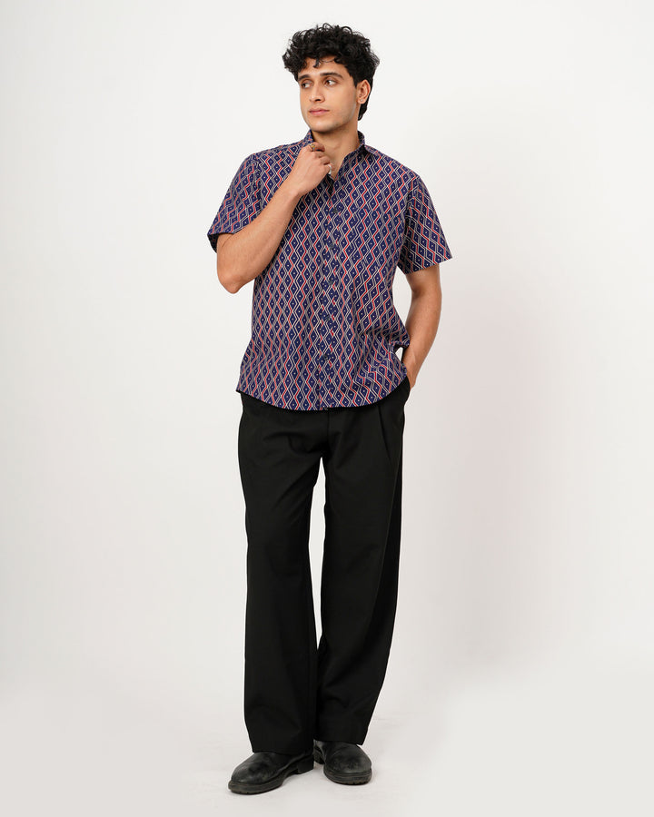 Navy Blue Linear Framework Cotton Poplin Half Sleeve Shirt