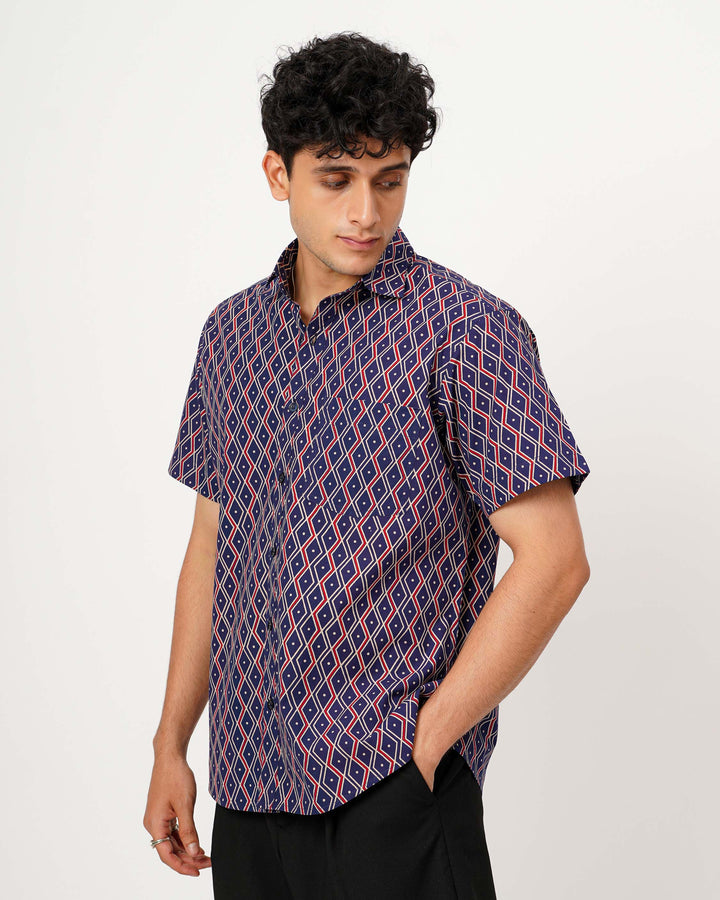 Navy Blue Linear Framework Cotton Poplin Half Sleeve Shirt