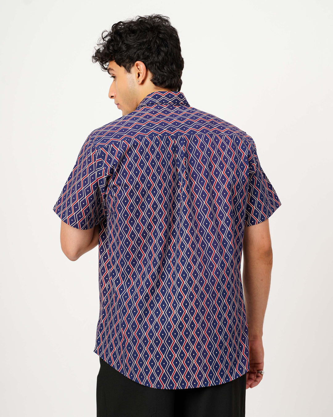 Navy Blue Linear Framework Cotton Poplin Half Sleeve Shirt