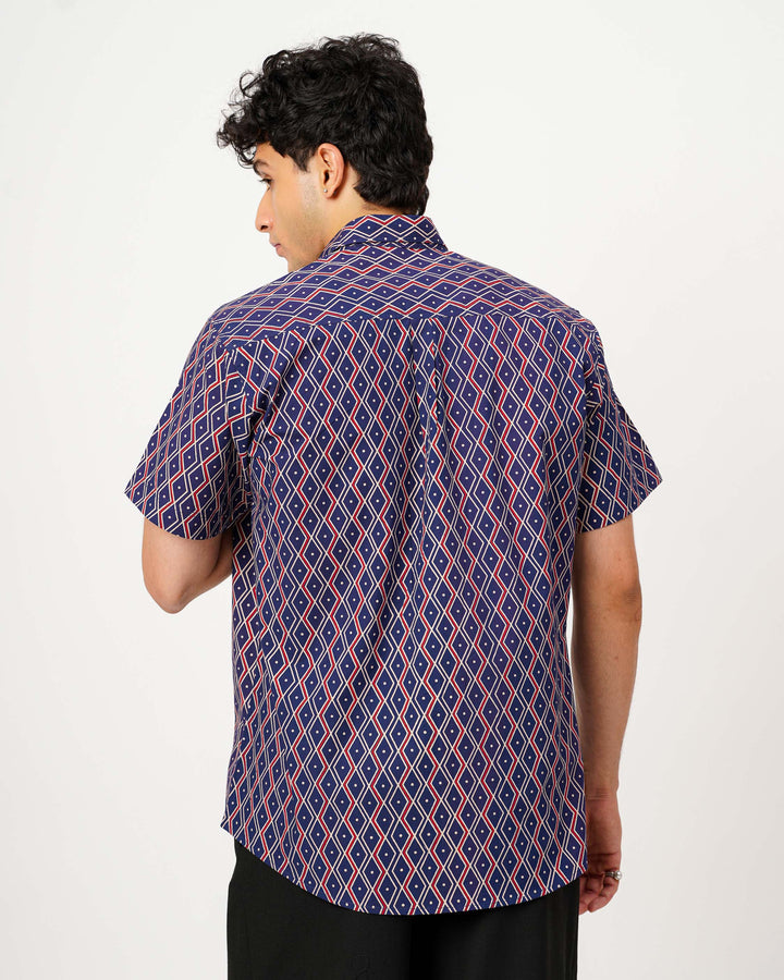 Navy Blue Linear Framework Cotton Poplin Half Sleeve Shirt