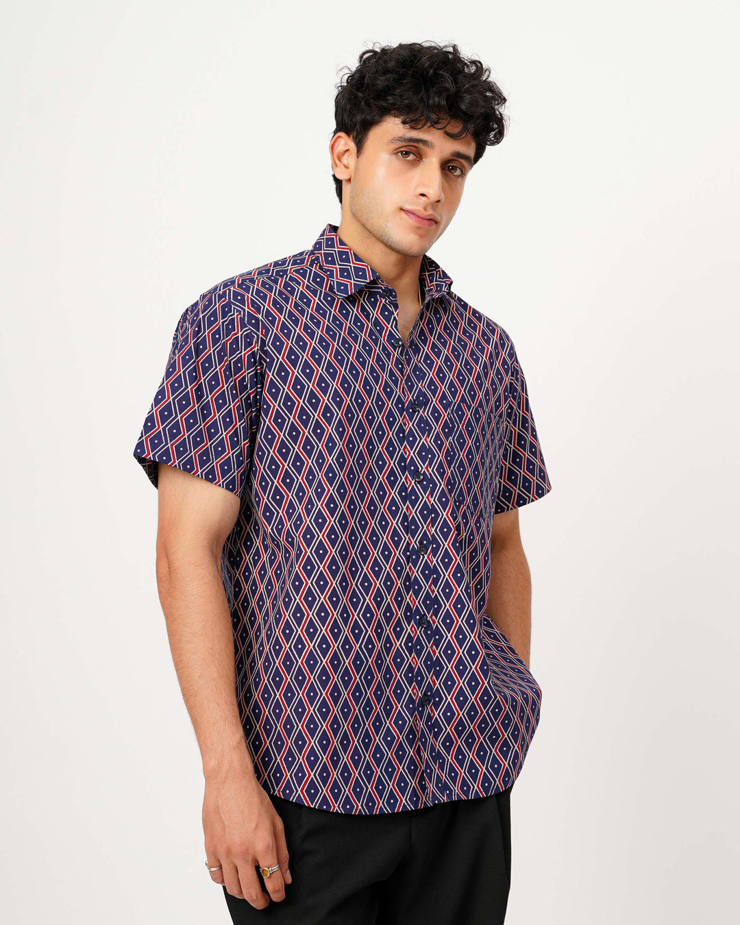 Navy Blue Linear Framework Cotton Poplin Half Sleeve Shirt