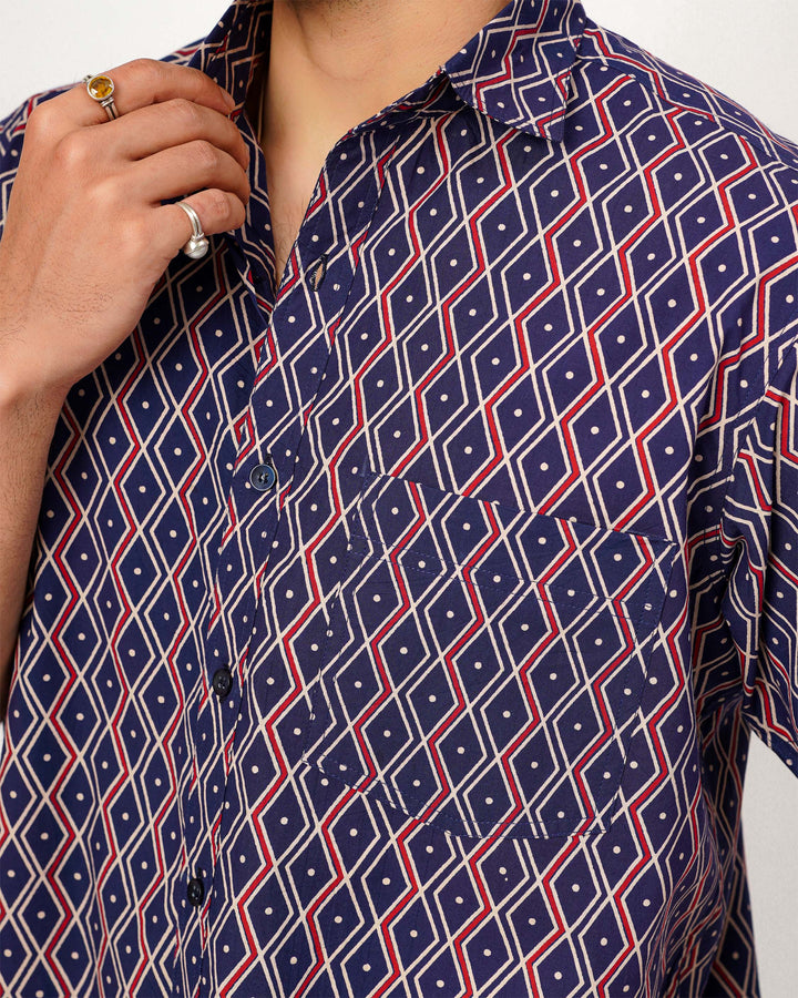 Navy Blue Linear Framework Cotton Poplin Half Sleeve Shirt