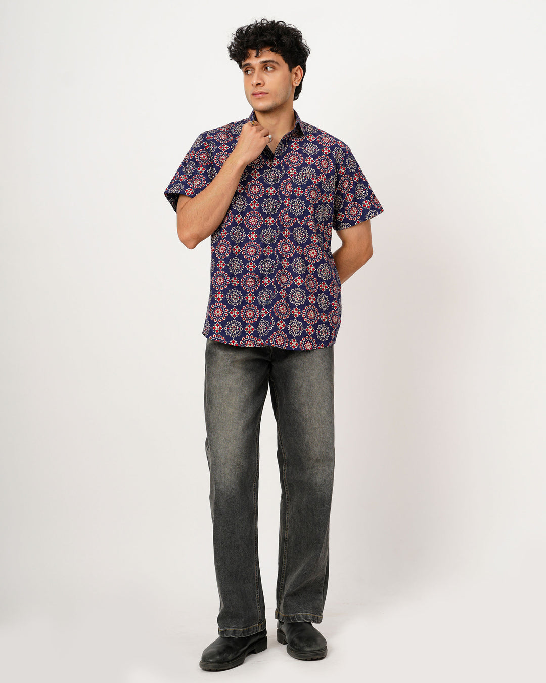 Navy Blue Ornate Cotton Poplin Half Sleeve Shirt