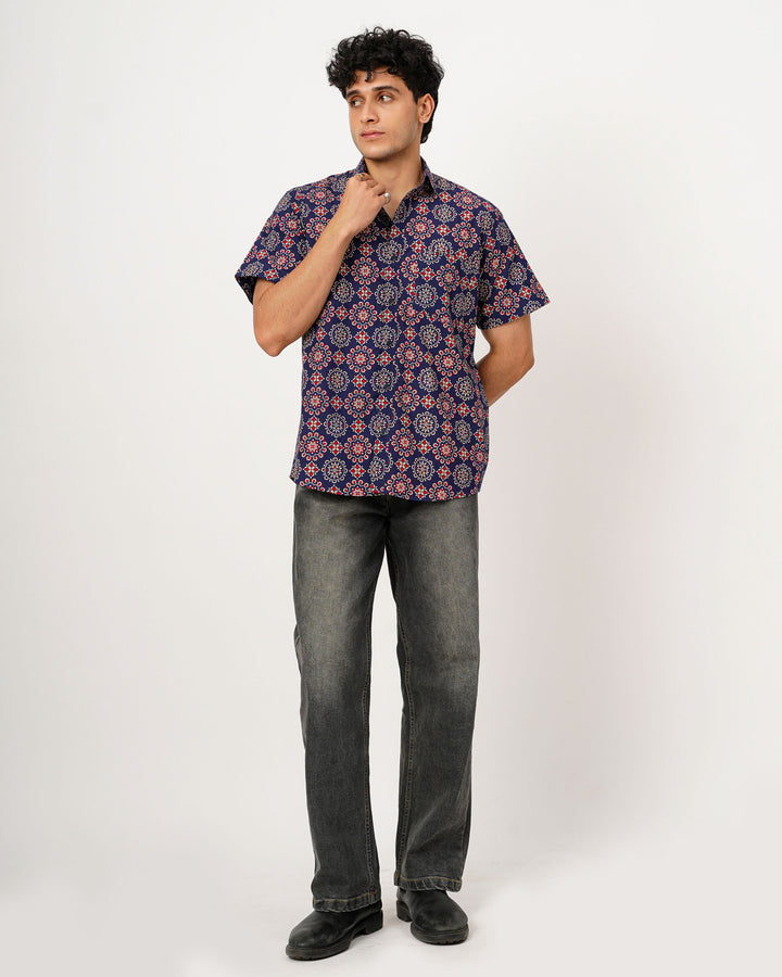 Navy Blue Ornate Cotton Poplin Half Sleeve Shirt
