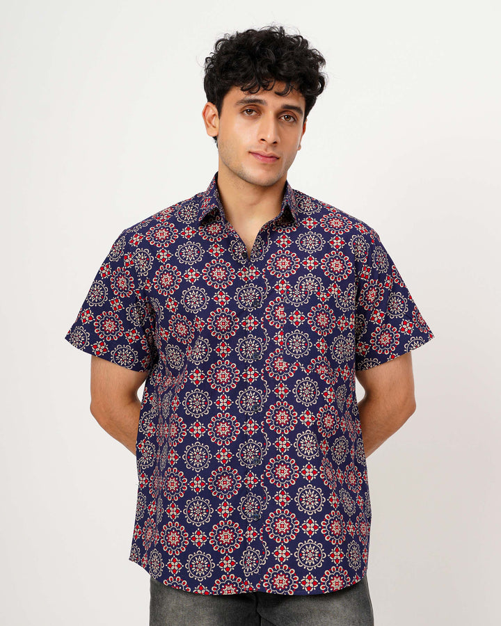 Navy Blue Ornate Cotton Poplin Half Sleeve Shirt