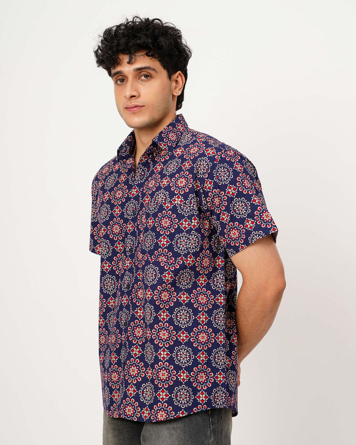 Navy Blue Ornate Cotton Poplin Half Sleeve Shirt