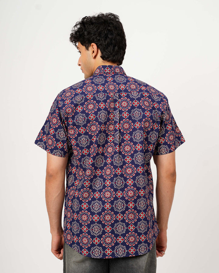 Navy Blue Ornate Cotton Poplin Half Sleeve Shirt