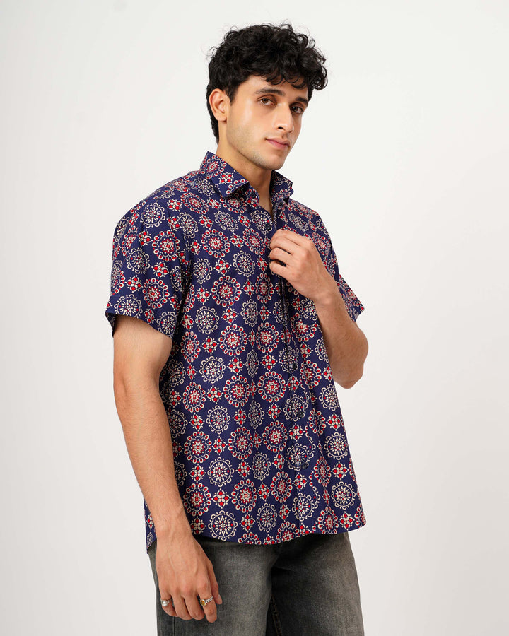 Navy Blue Ornate Cotton Poplin Half Sleeve Shirt