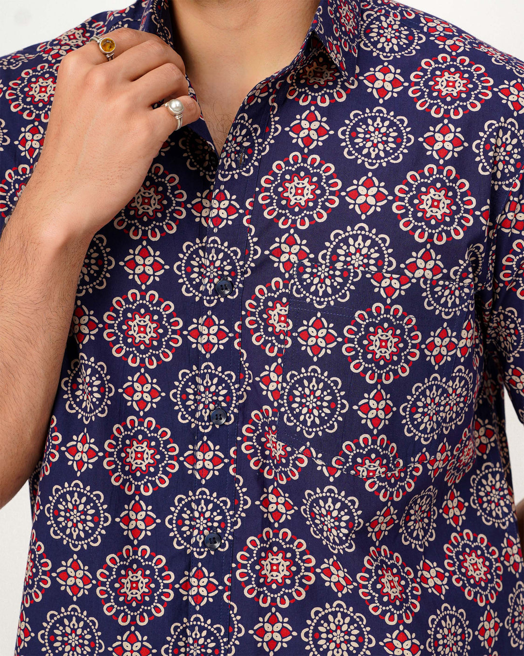 Navy Blue Ornate Cotton Poplin Half Sleeve Shirt