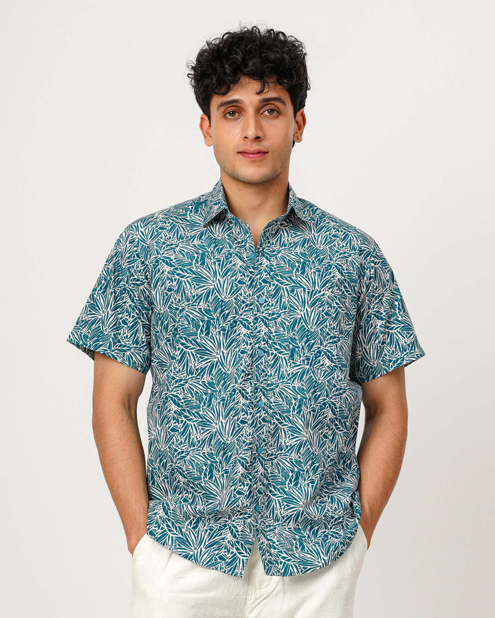 Teal Nature Weave Cotton Poplin Half Sleeve Shirt