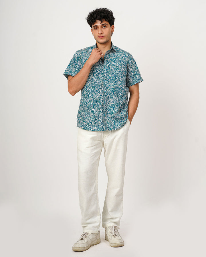 Teal Nature Weave Cotton Poplin Half Sleeve Shirt