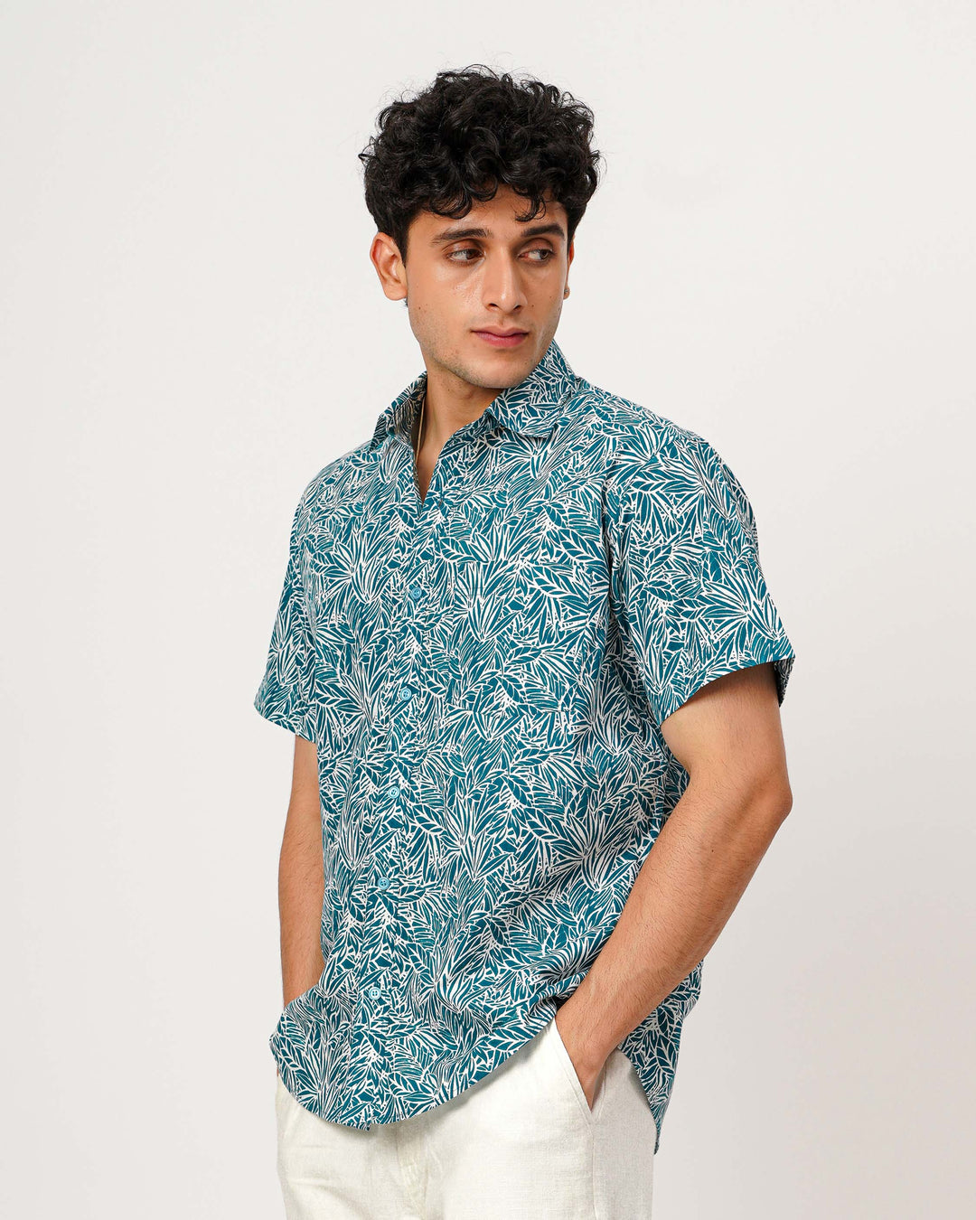 Teal Nature Weave Cotton Poplin Half Sleeve Shirt