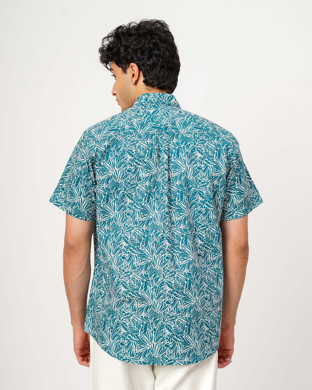 Teal Nature Weave Cotton Poplin Half Sleeve Shirt