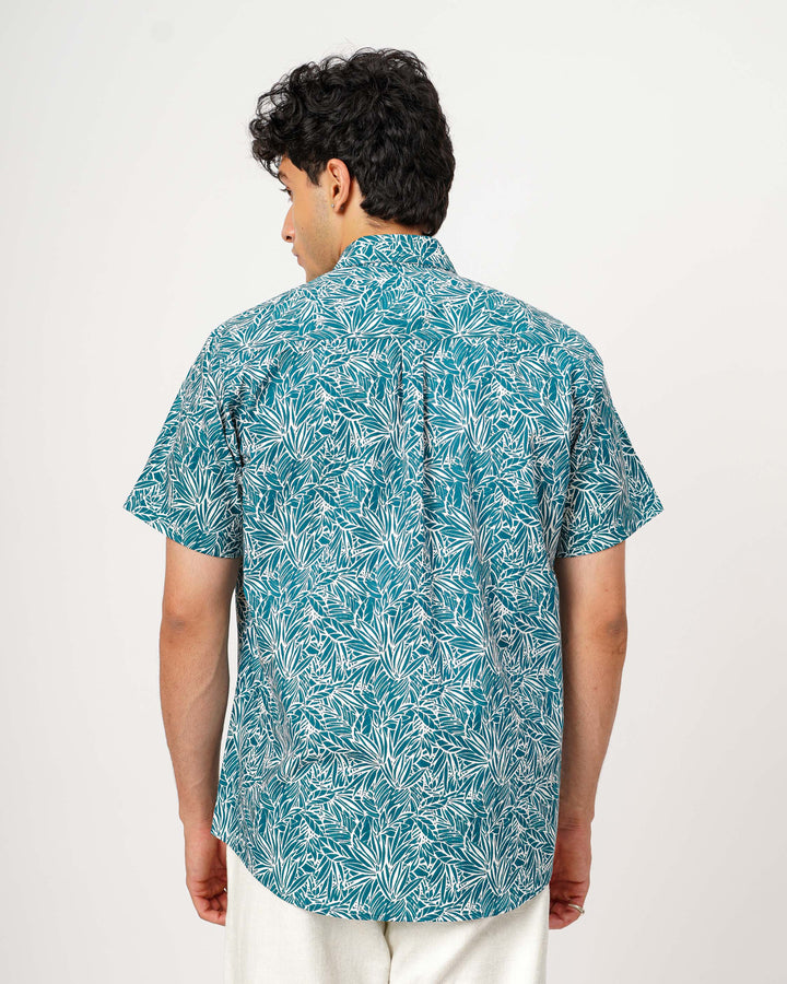 Teal Nature Weave Cotton Poplin Half Sleeve Shirt