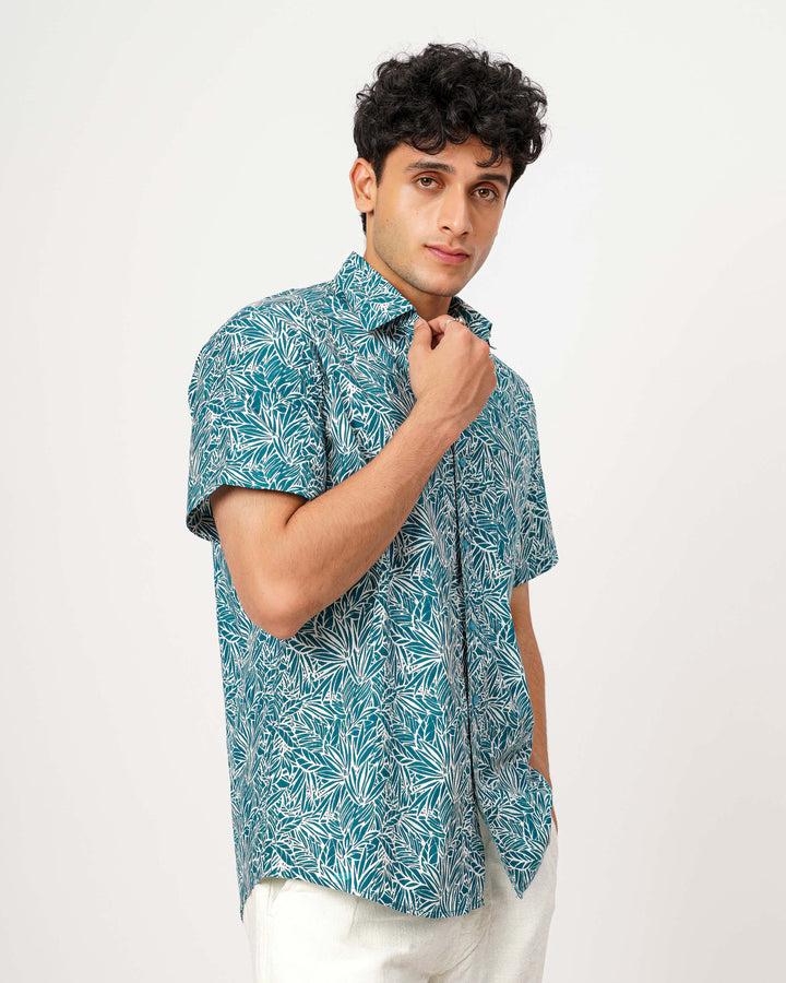 Teal Nature Weave Cotton Poplin Half Sleeve Shirt