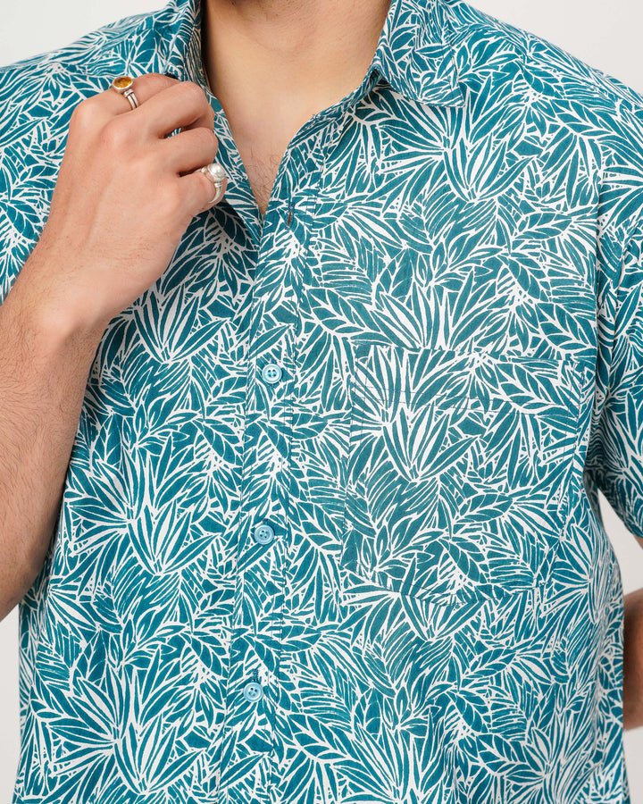 Teal Nature Weave Cotton Poplin Half Sleeve Shirt