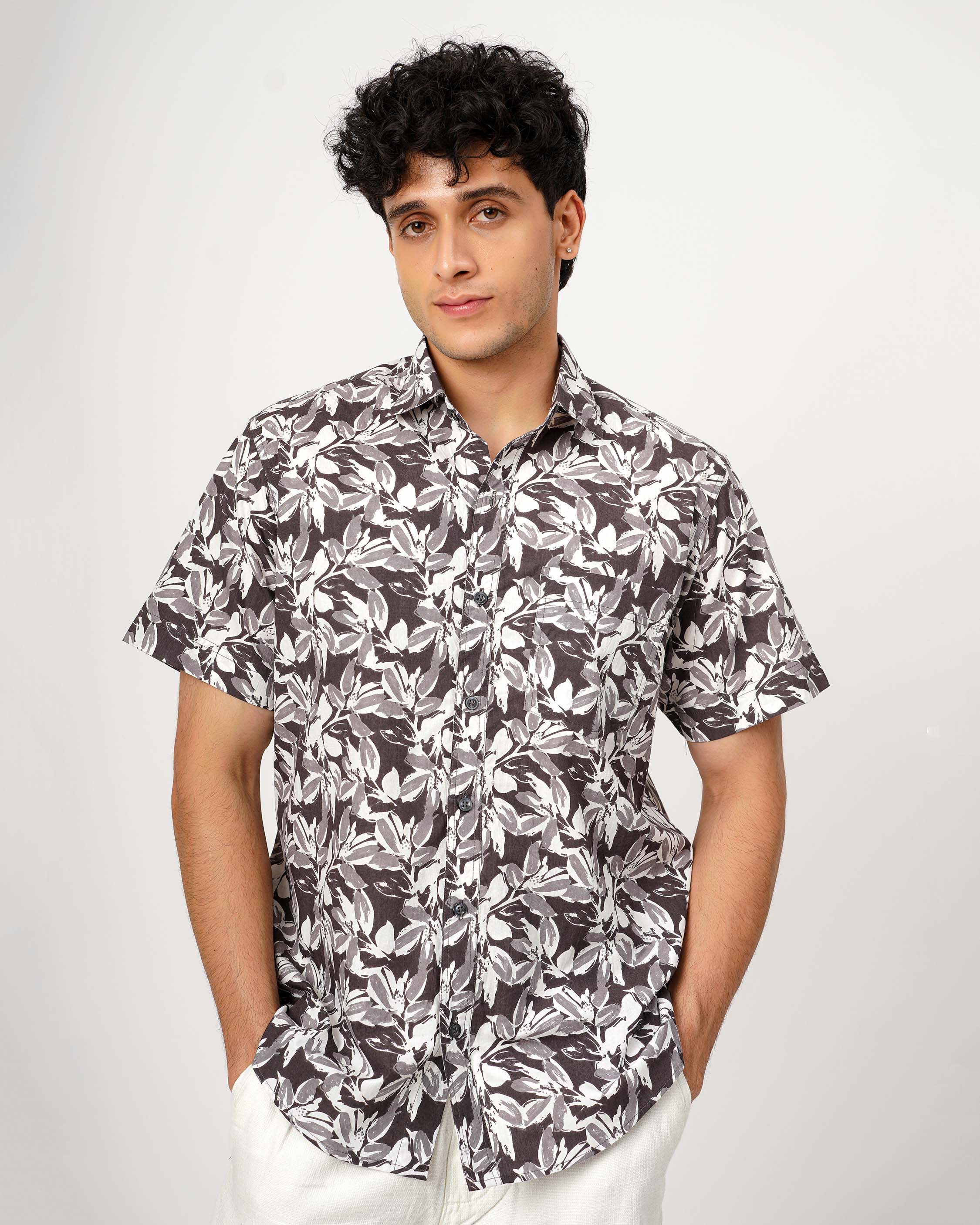 Gray Nature Weave Cotton Poplin Half Sleeve Shirt – Threadspeare