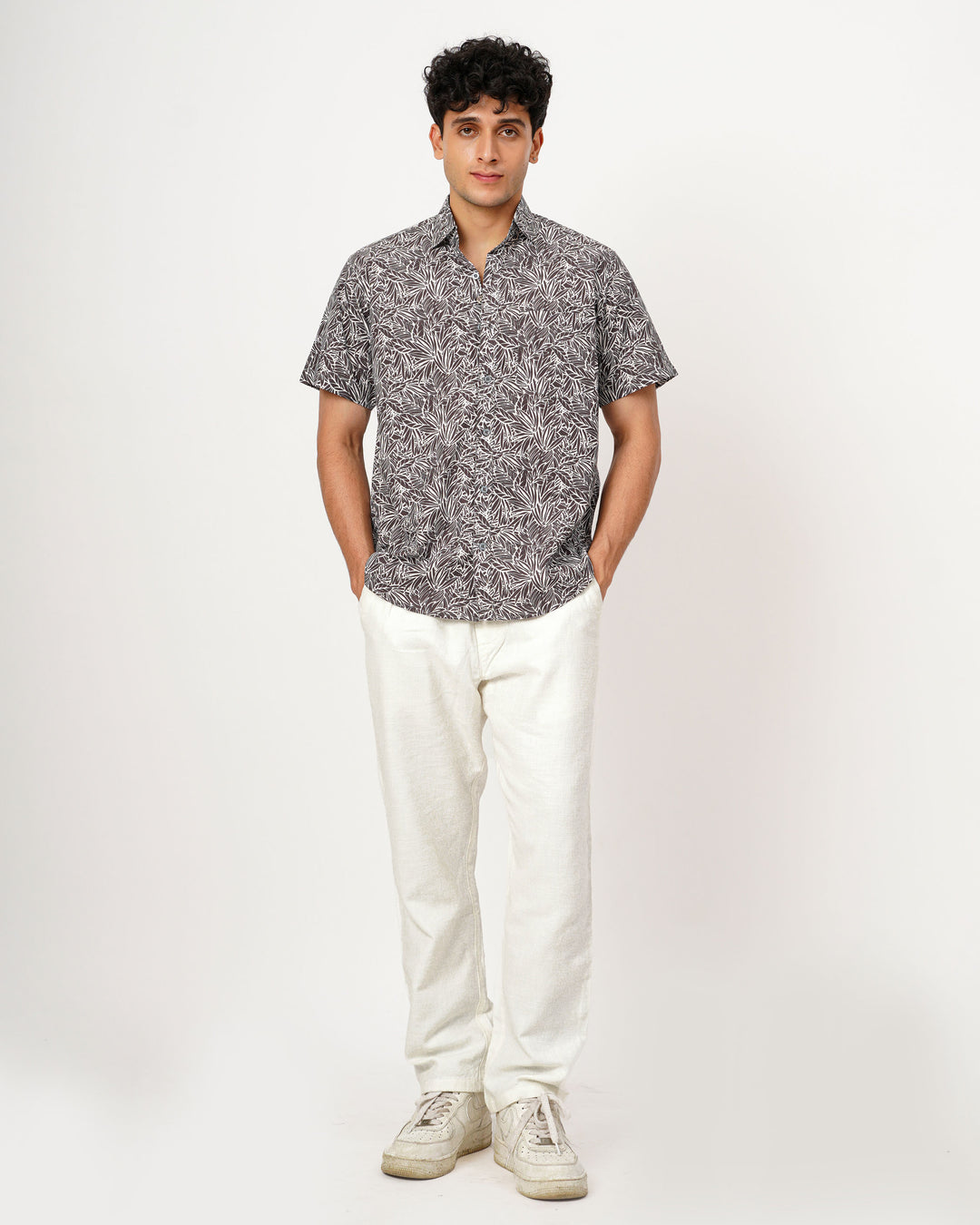 Gray Nature Weave Cotton Poplin Half Sleeve Shirt