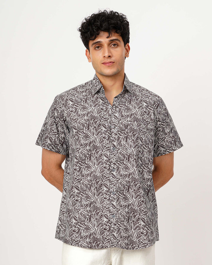 Gray Nature Weave Cotton Poplin Half Sleeve Shirt