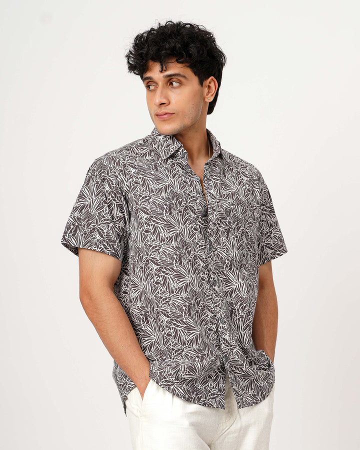 Gray Nature Weave Cotton Poplin Half Sleeve Shirt