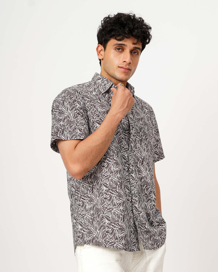 Gray Nature Weave Cotton Poplin Half Sleeve Shirt