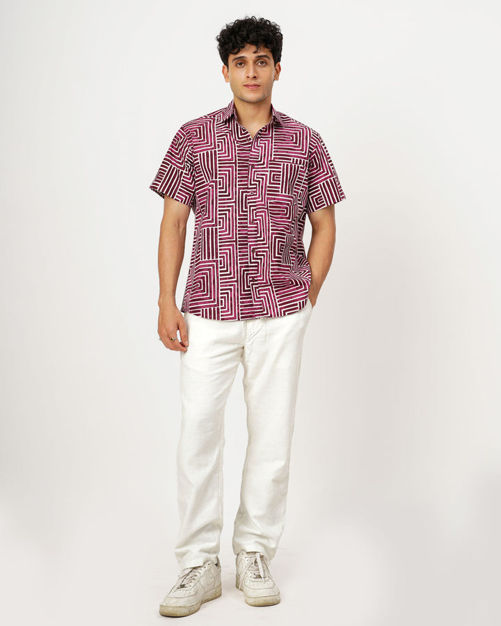 Wine Gridlock Cotton Poplin Half Sleeve Shirt