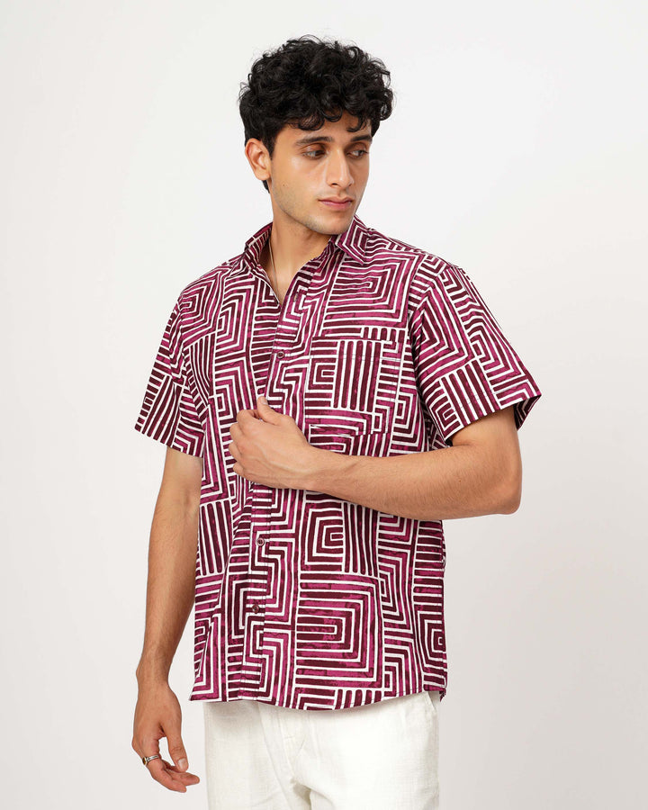 Wine Gridlock Cotton Poplin Half Sleeve Shirt