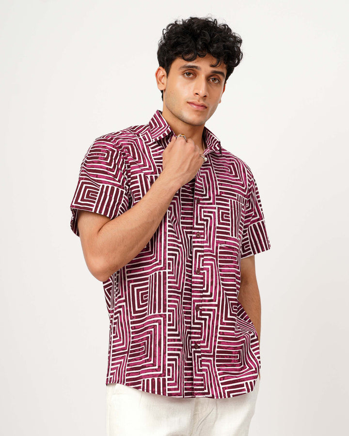 Wine Gridlock Cotton Poplin Half Sleeve Shirt