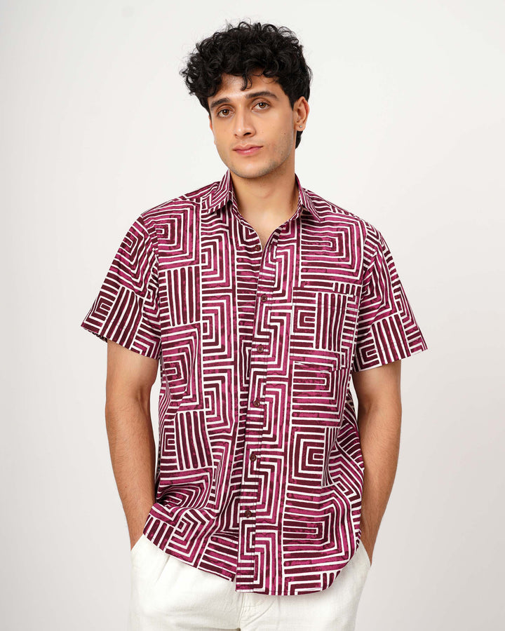 Wine Gridlock Cotton Poplin Half Sleeve Shirt