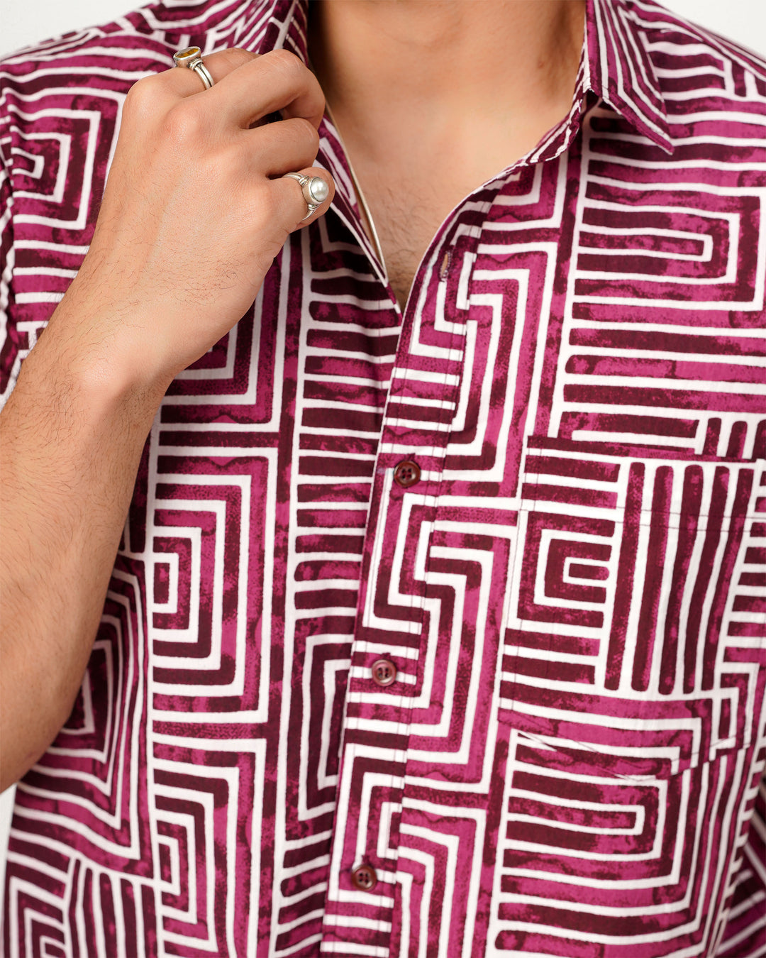 Wine Gridlock Cotton Poplin Half Sleeve Shirt