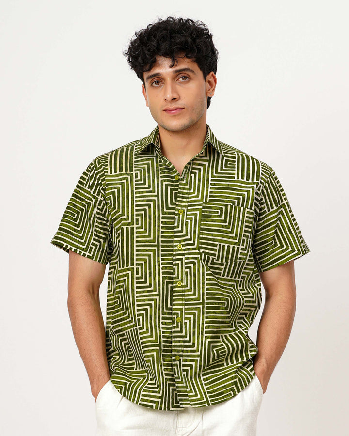 Green Gridlock Cotton Poplin Half Sleeve Shirt