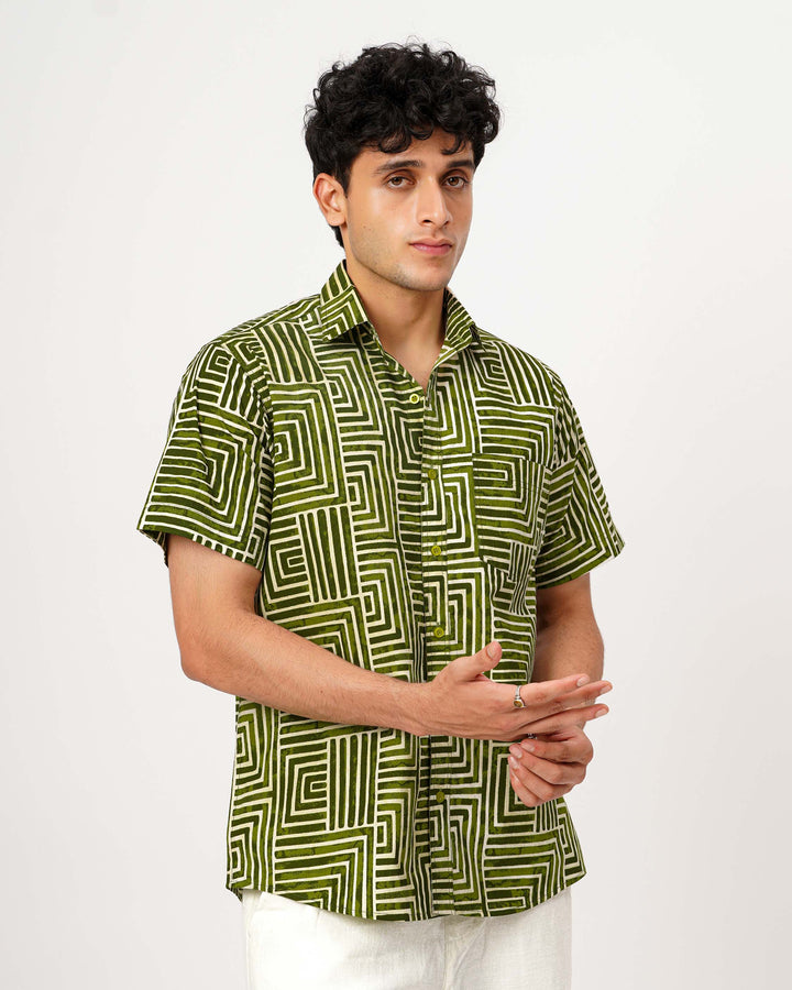 Green Gridlock Cotton Poplin Half Sleeve Shirt