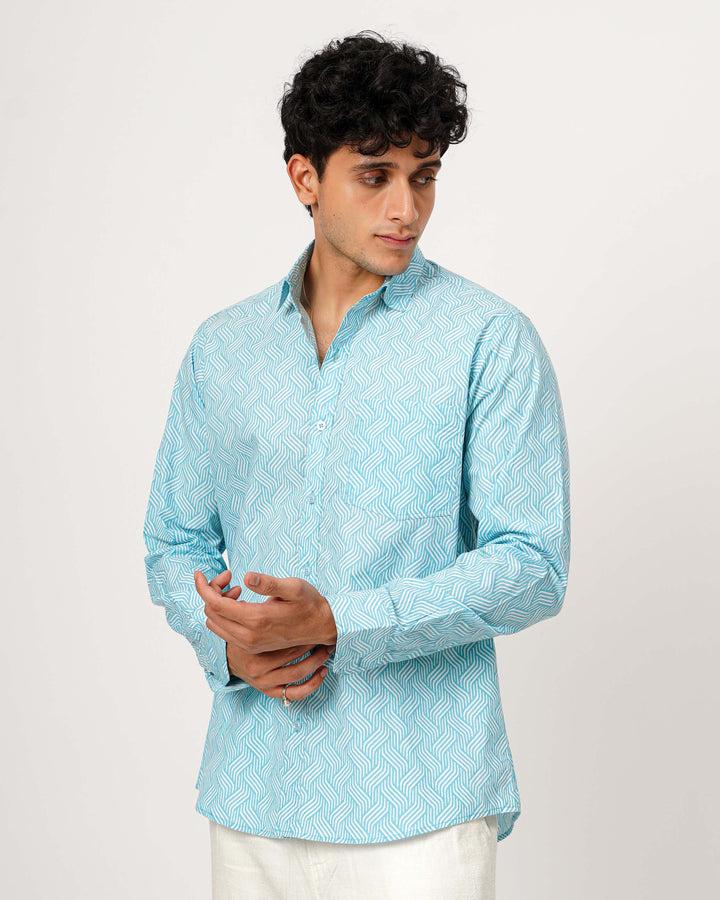 Blue Waves Cotton Poplin Shirt