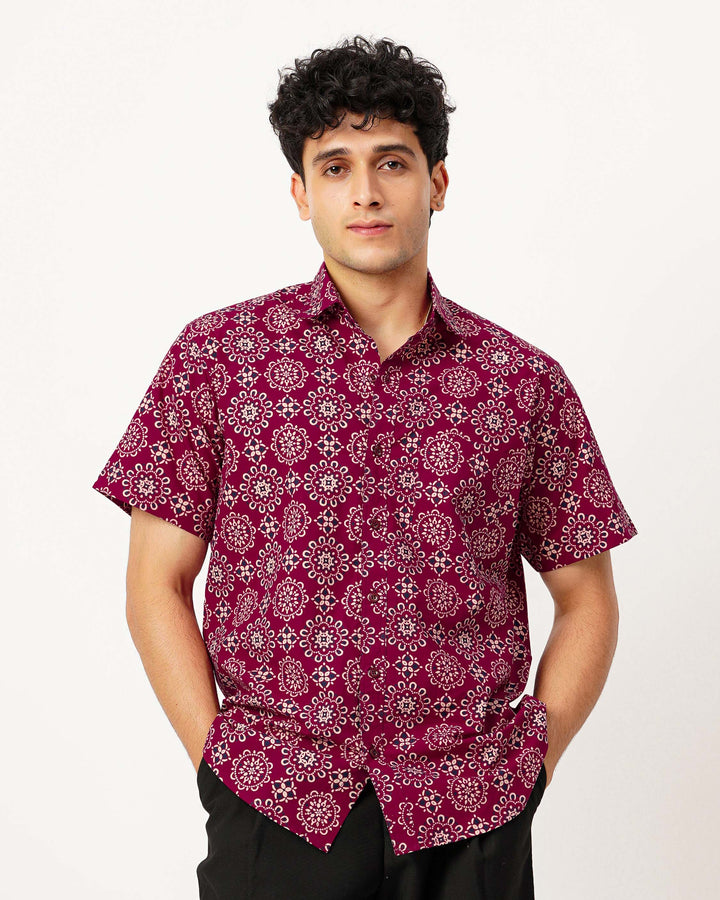 Maroon Ornate Cotton Poplin Half Sleeve Shirt